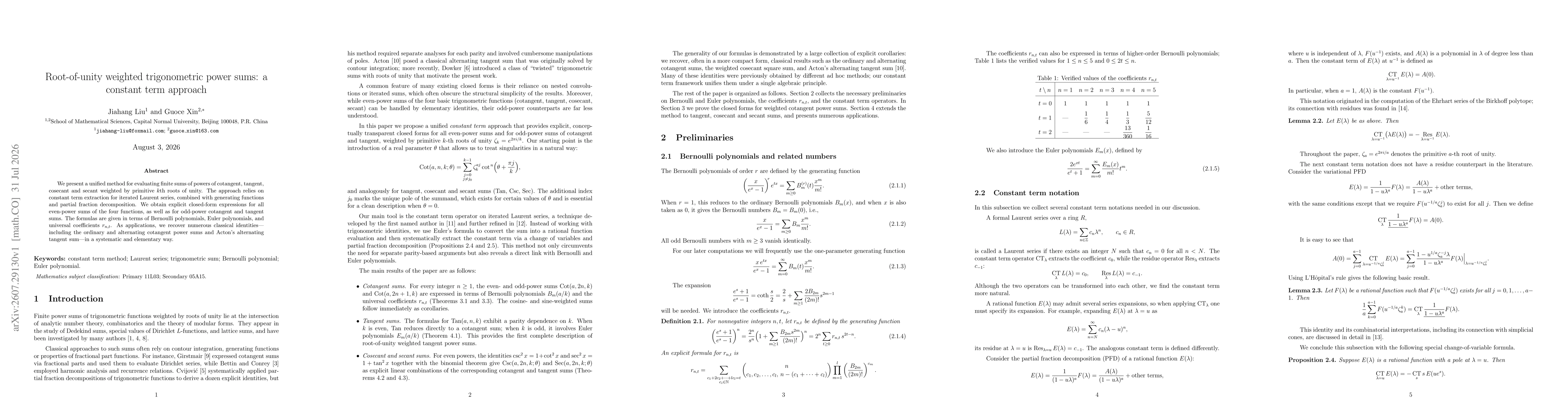 Thumbnail for Root-of-unity weighted trigonometric power sums: a constant term approach