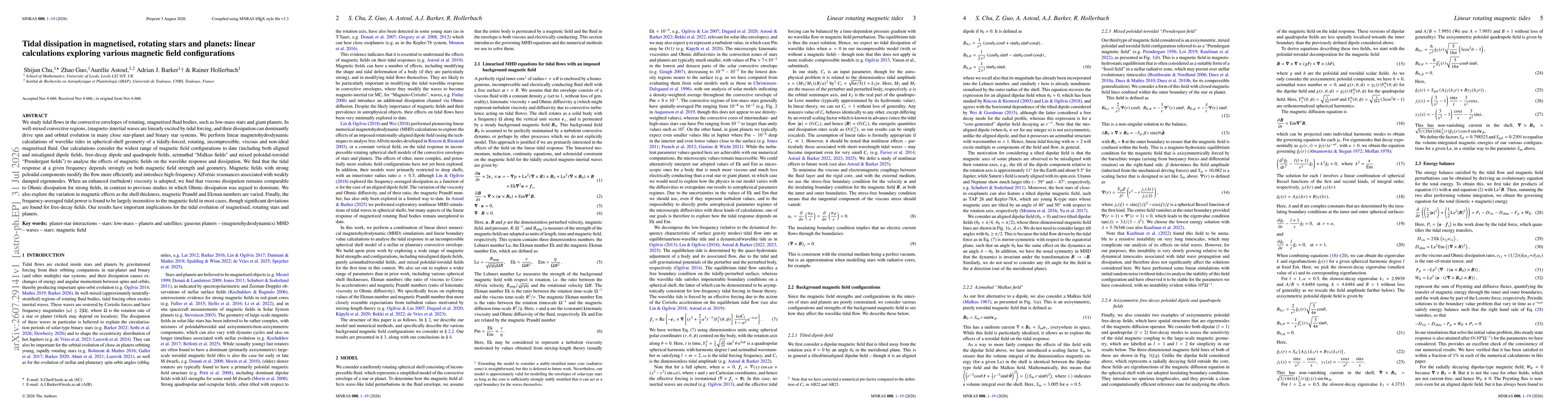 Thumbnail for Tidal dissipation in magnetised, rotating stars and planets: linear calculations exploring various magnetic field configurations