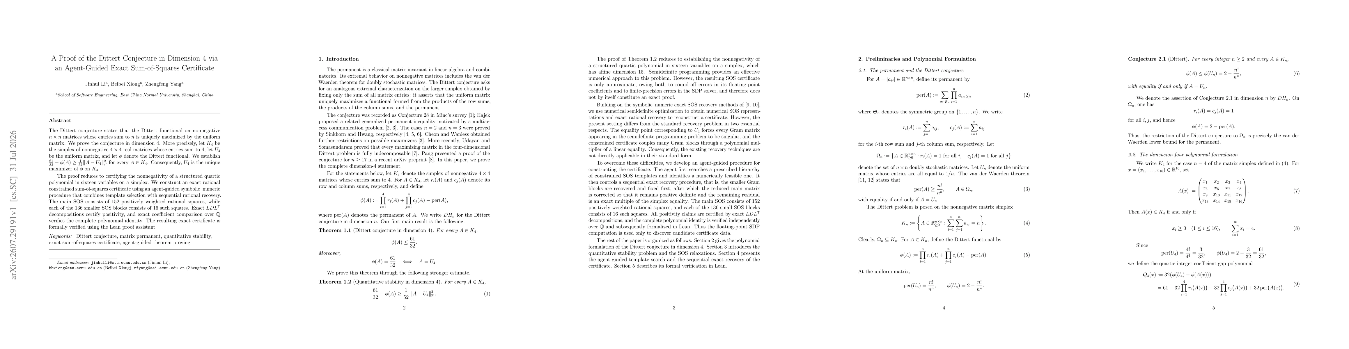 Thumbnail for A Proof of the Dittert Conjecture in Dimension 4 via an Agent-Guided Exact Sum-of-Squares Certificate