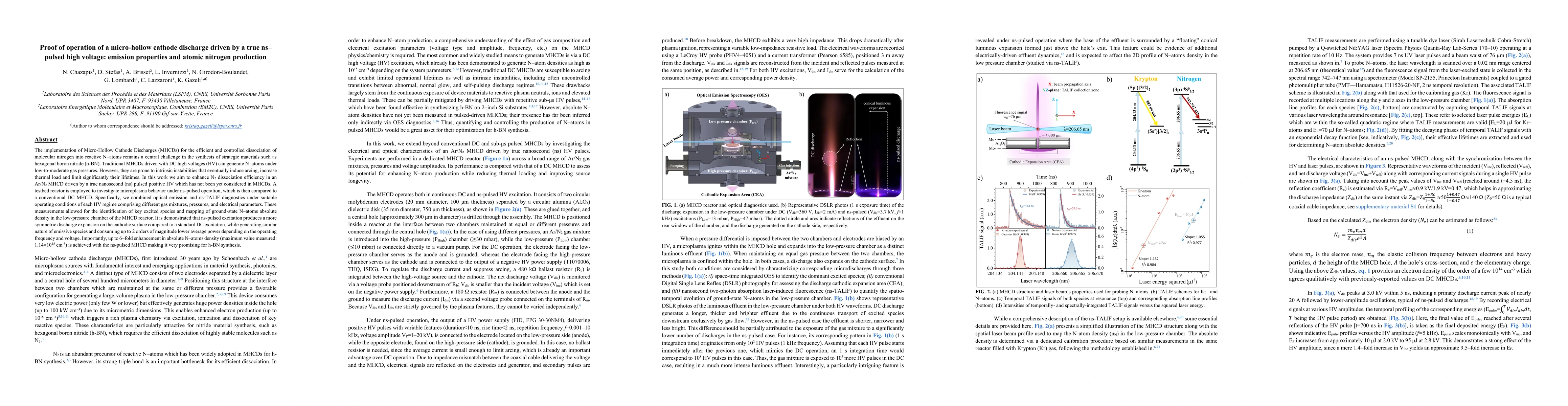 Thumbnail for Proof of operation of a micro-hollow cathode discharge driven by a true ns-pulsed high voltage: emission properties and atomic nitrogen production