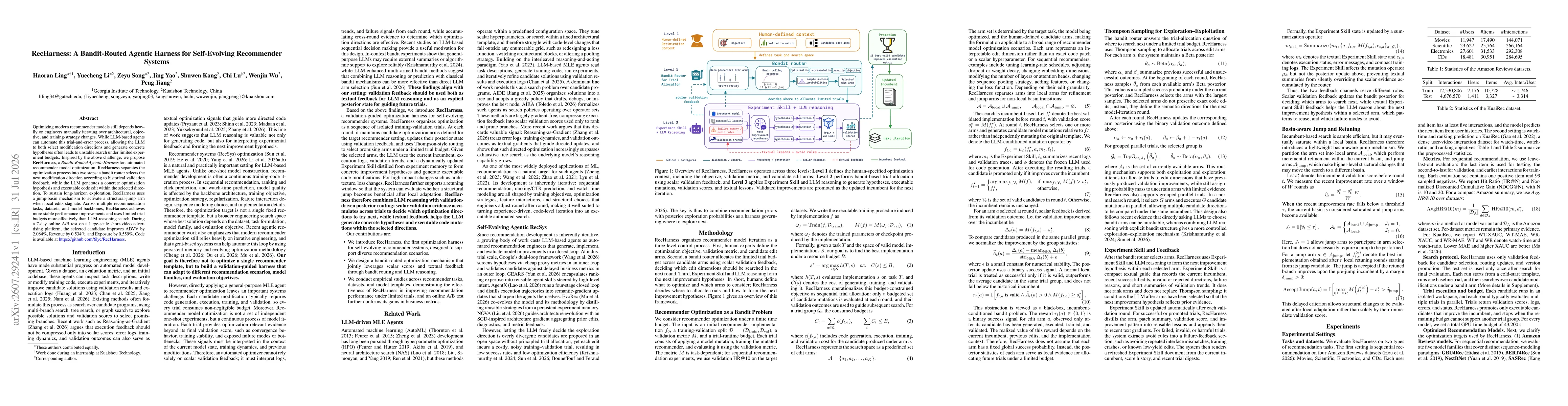 Thumbnail for RecHarness: A Bandit-Routed Agentic Harness for Self-Evolving Recommender Systems