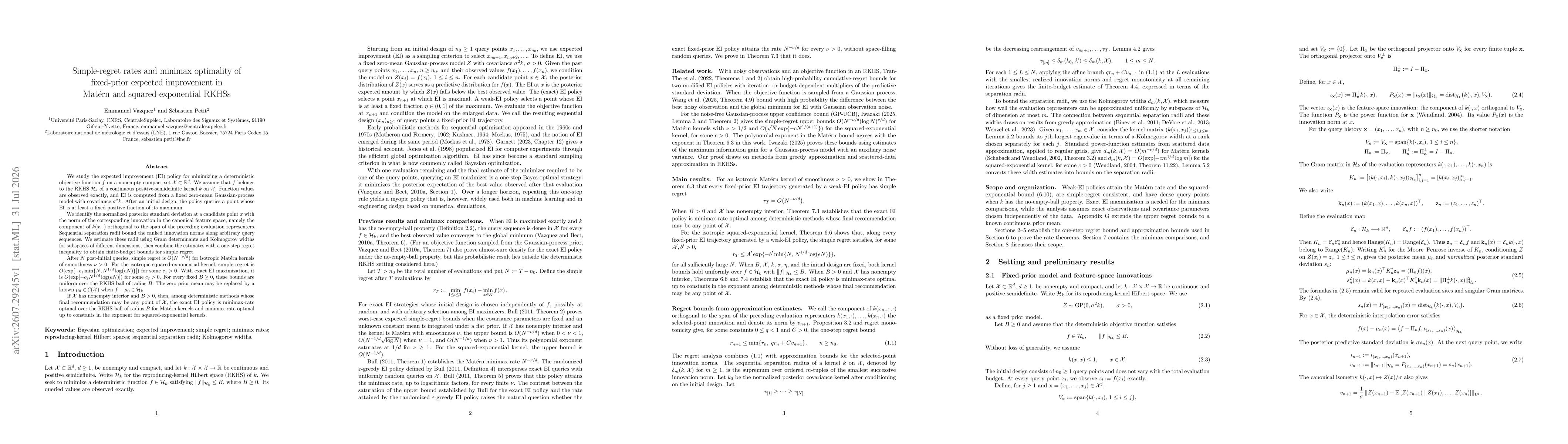 Thumbnail for Simple-regret rates and minimax optimality of fixed-prior expected improvement in Matérn and squared-exponential RKHSs