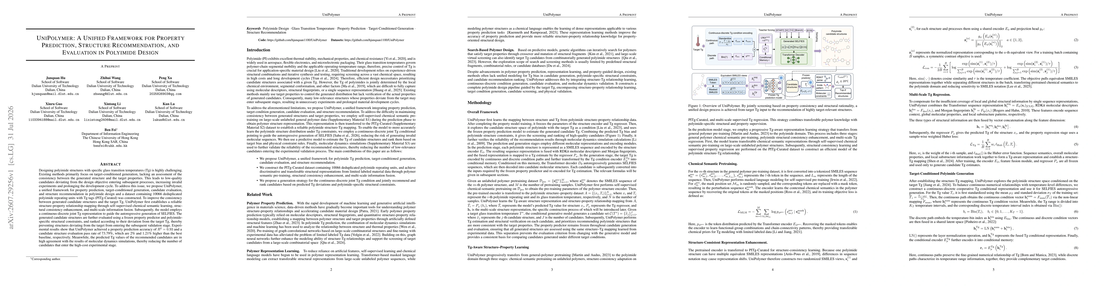Thumbnail for UniPolymer: A Unified Framework for Property Prediction, Structure Recommendation, and Evaluation in Polyimide Design