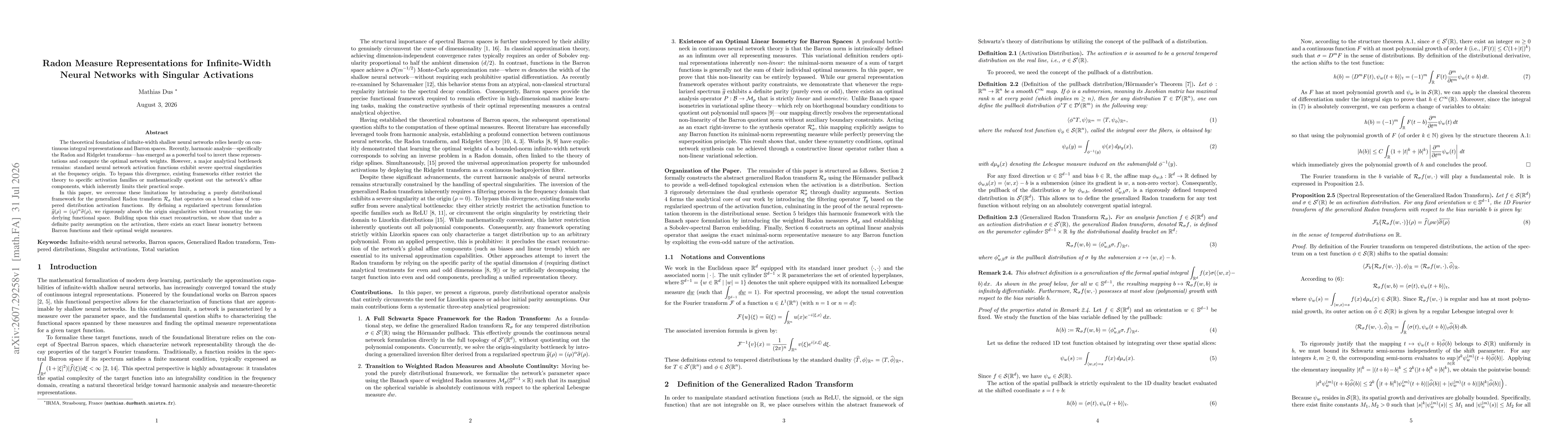 Thumbnail for Radon Measure Representations for Infinite-Width Neural Networks with Singular Activations