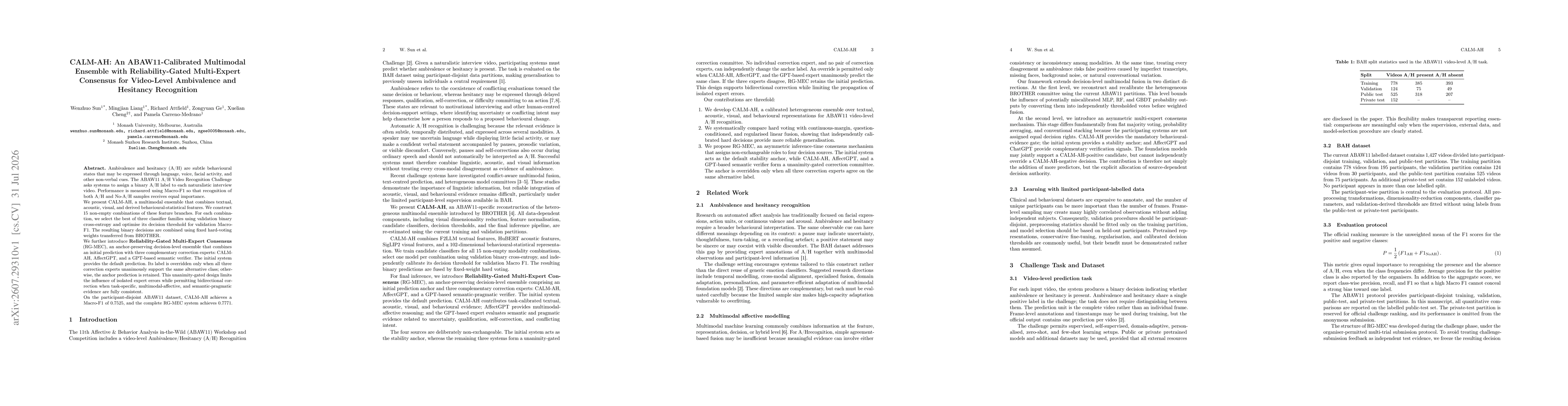 Thumbnail for CALM-AH: An ABAW11-Calibrated Multimodal Ensemble with Reliability-Gated Multi-Expert Consensus for Video-Level Ambivalence and Hesitancy Recognition