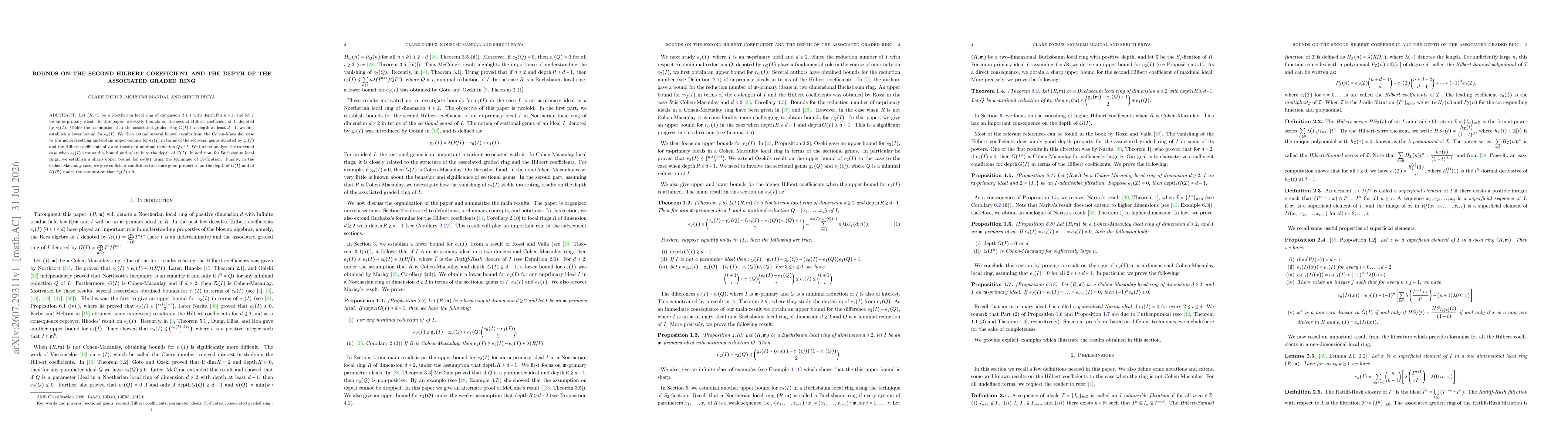 Thumbnail for Bounds on the second Hilbert coefficient and the depth of the associated graded ring