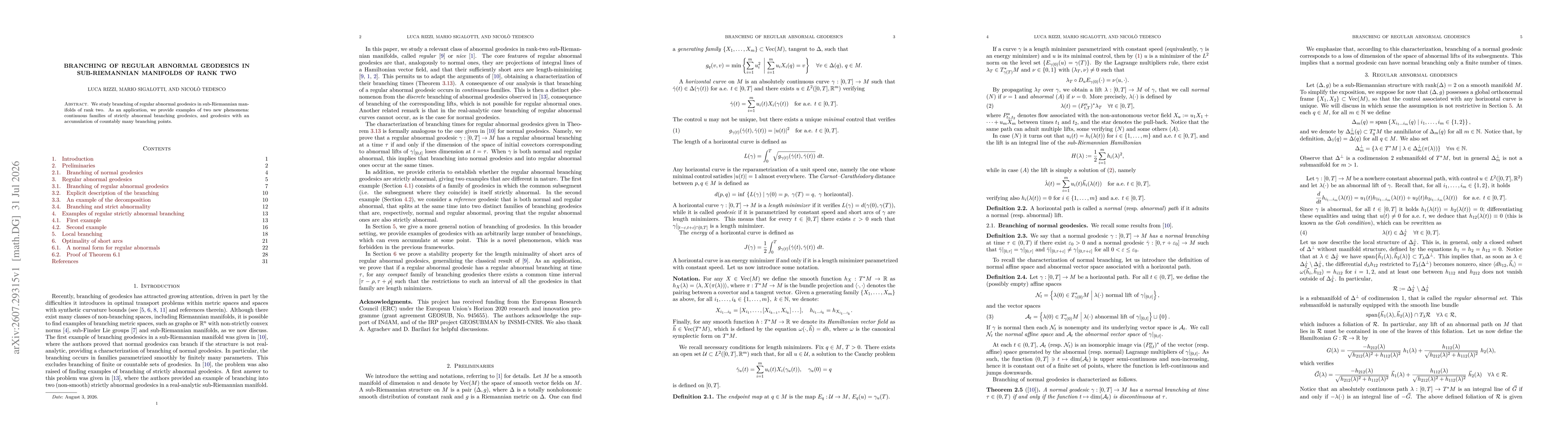 Thumbnail for Branching of regular abnormal geodesics in sub-Riemannian manifolds of rank two