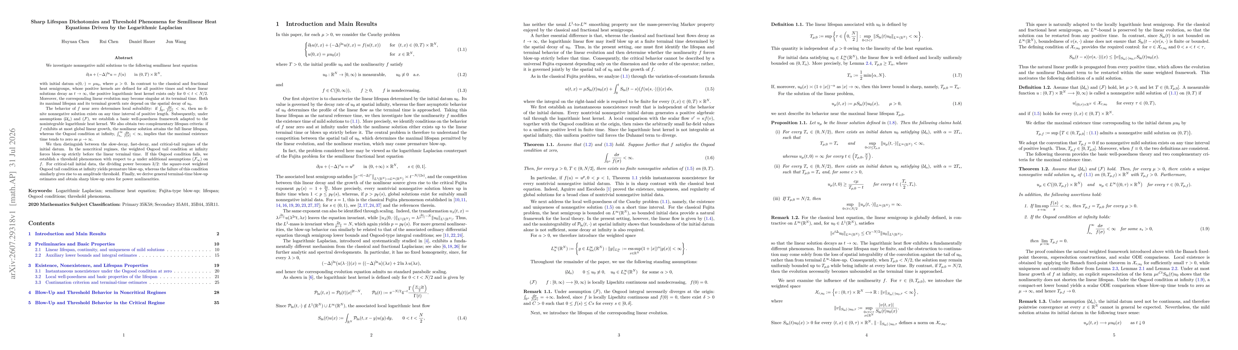 Thumbnail for Sharp Lifespan Dichotomies and Threshold Phenomena for Semilinear Heat Equations Driven by the Logarithmic Laplacian