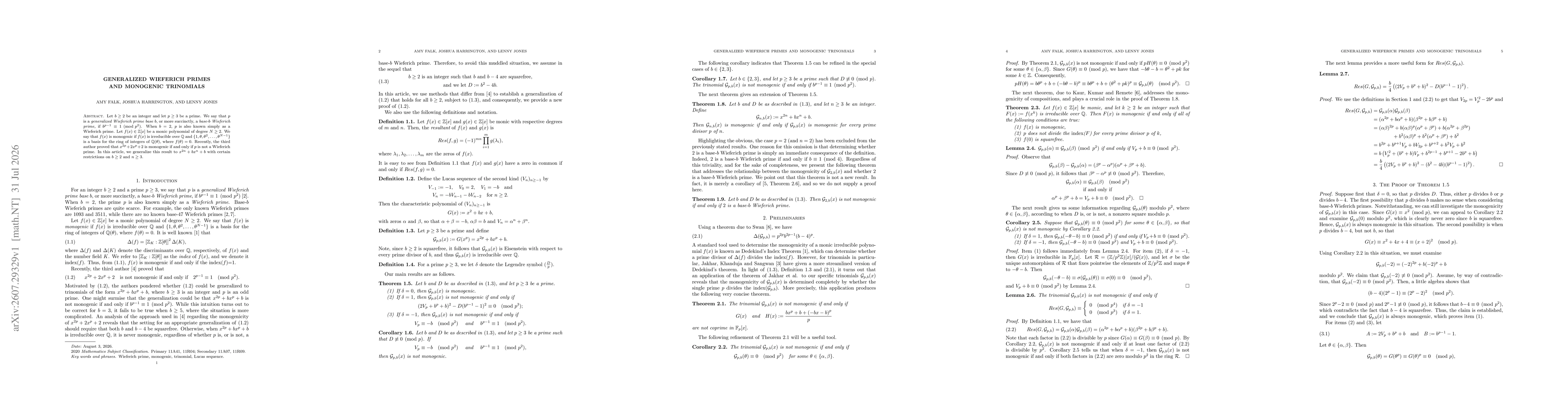 Thumbnail for Generalized Wieferich primes and monogenic trinomials