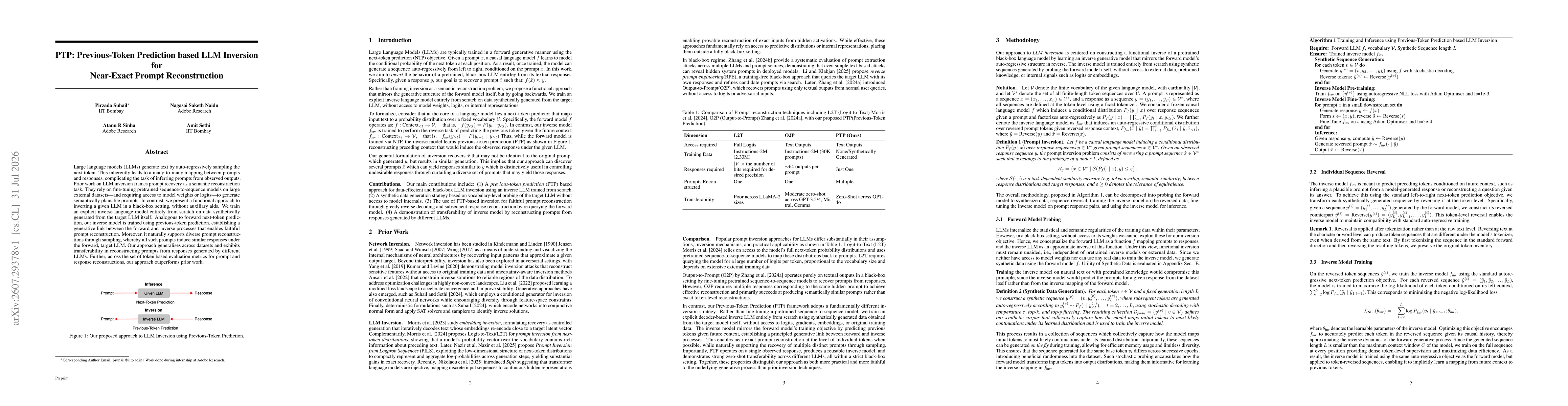 Thumbnail for PTP: Previous-Token Prediction based LLM Inversion for Near-Exact Prompt Reconstruction
