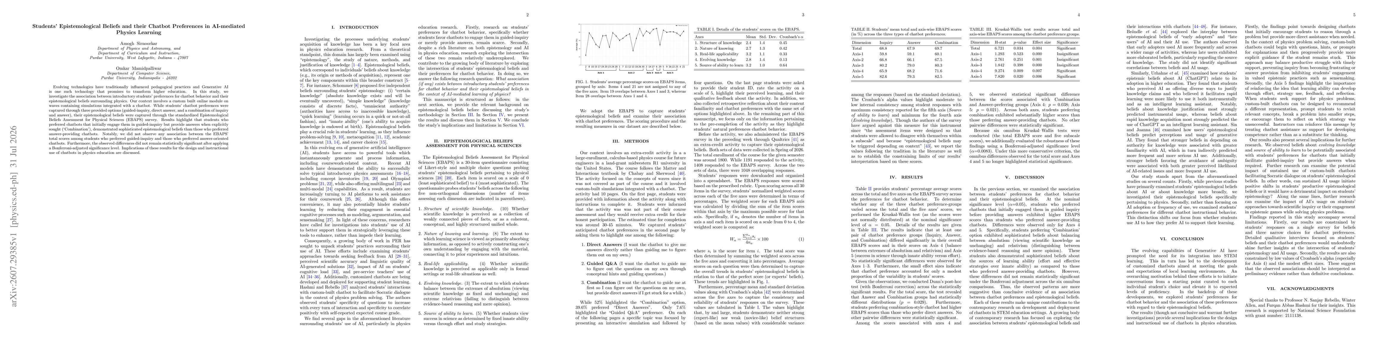 Thumbnail for Students' Epistemological Beliefs and their Chatbot Preferences in AI-mediated Physics Learning