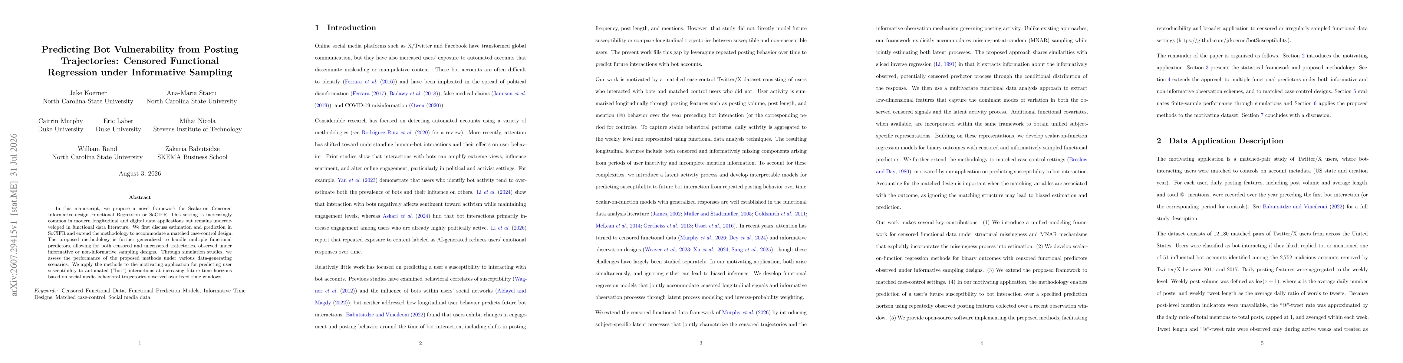 Thumbnail for Predicting Bot Vulnerability from Posting Trajectories: Censored Functional Regression under Informative Sampling