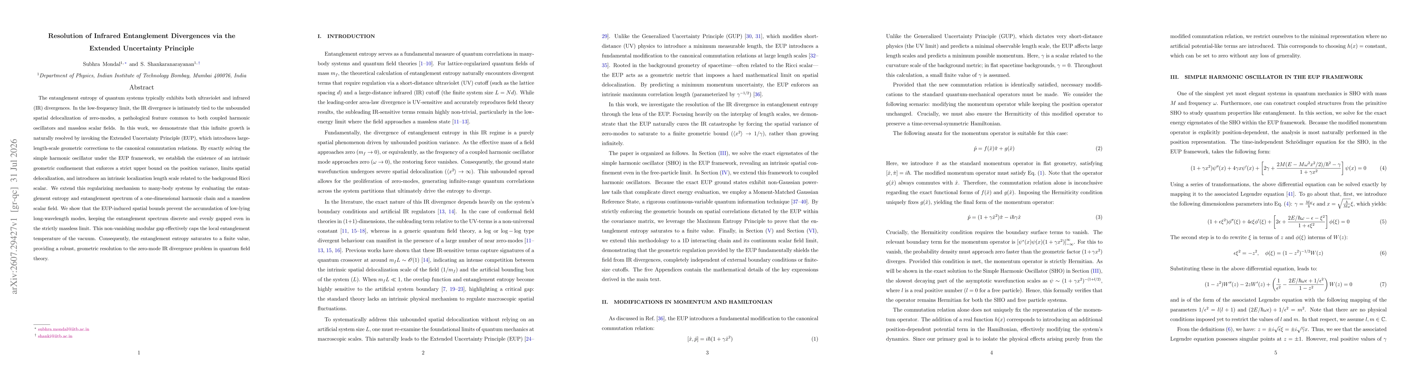 Thumbnail for Resolution of Infrared Entanglement Divergences via the Extended Uncertainty Principle