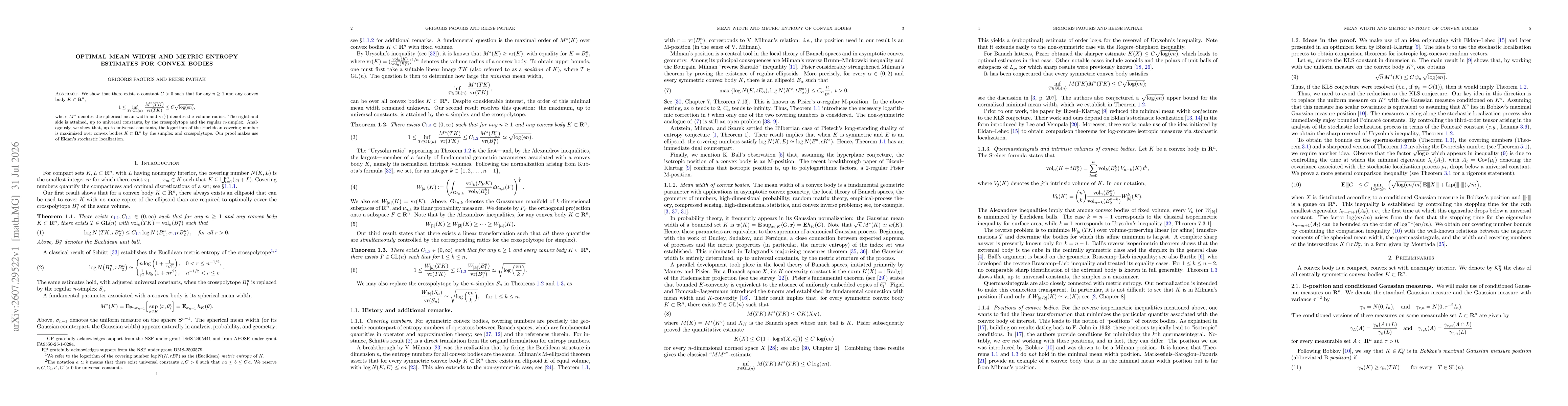 Thumbnail for Optimal mean width and metric entropy estimates for convex bodies
