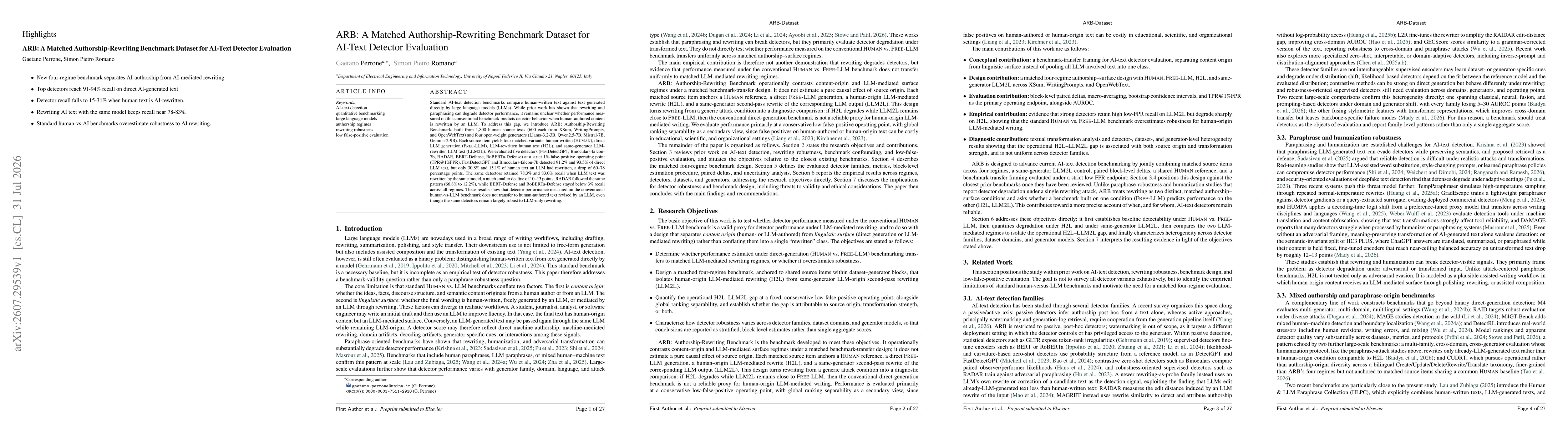 Thumbnail for ARB: A Matched Authorship-Rewriting Benchmark Dataset for AI-Text Detector Evaluation