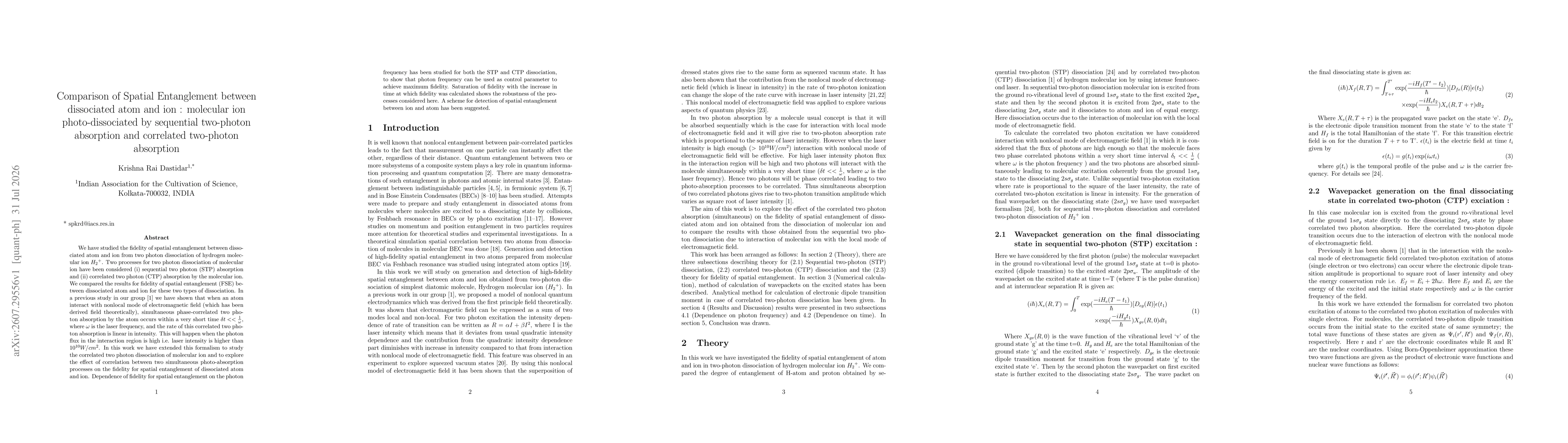 Thumbnail for Comparison of Spatial Entanglement between dissociated atom and ion : molecular ion photo-dissociated by sequential two-photon absorption and correlated two-photon absorption