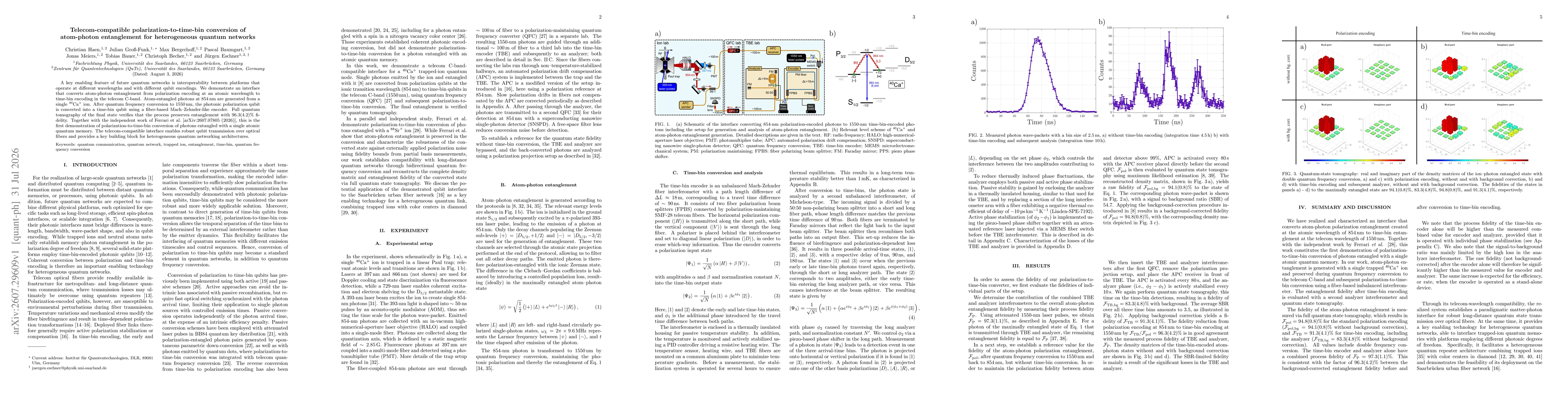 Thumbnail for Telecom-compatible polarization-to-time-bin conversion of atom-photon entanglement for heterogeneous quantum networks