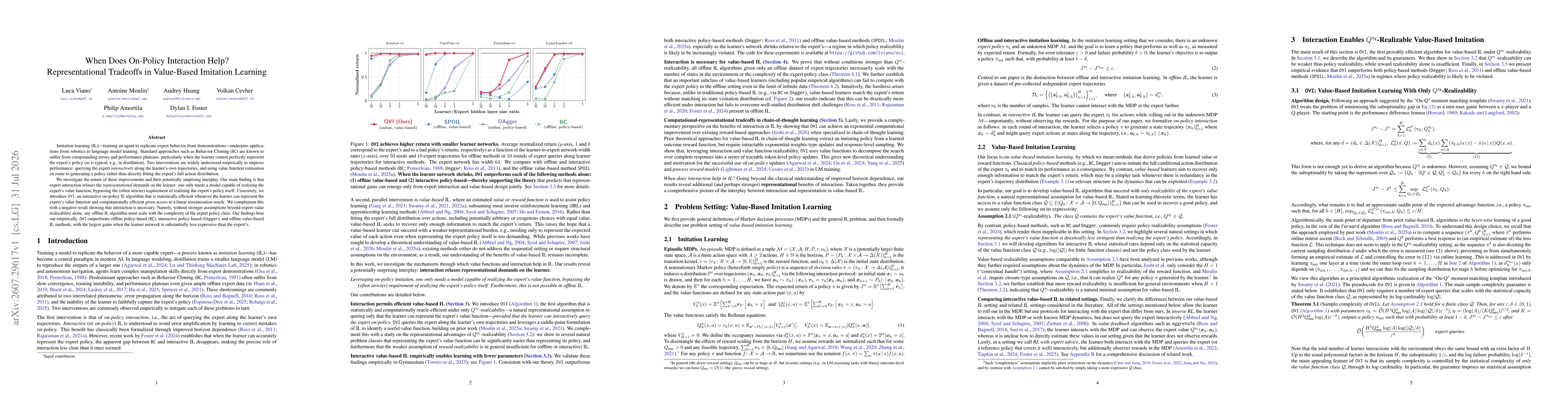 Thumbnail for When Does On-Policy Interaction Help? Representational Tradeoffs in Value-Based Imitation Learning