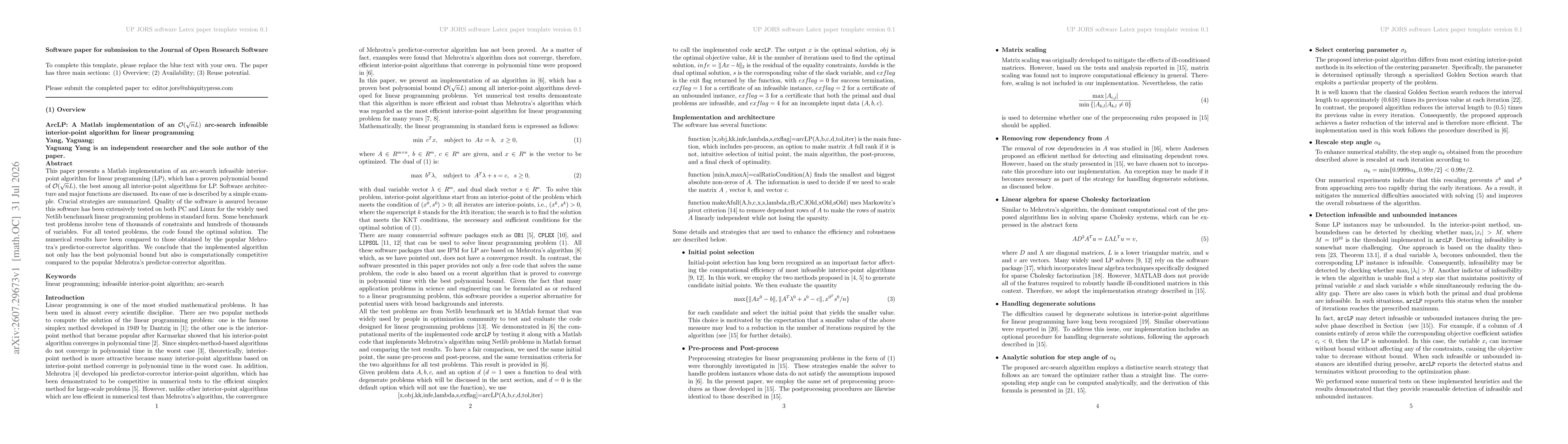 Thumbnail for ArcLP: A Matlab implementation of an $\mathcal{O}(\sqrt{n}L)$ arc-search infeasible interior-point algorithm for linear programming
