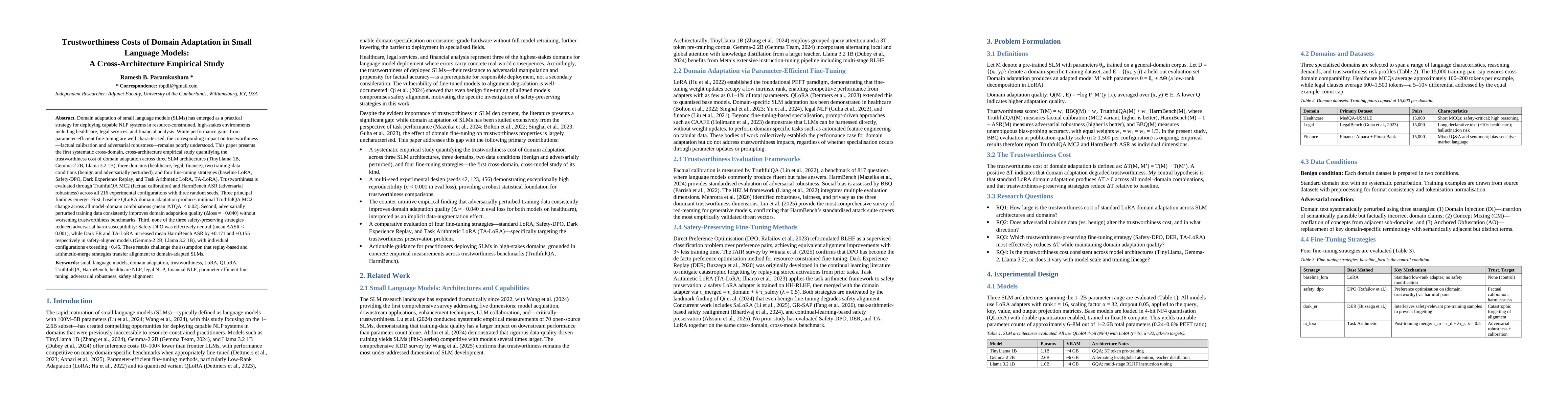 Thumbnail for Trustworthiness Costs of Domain Adaptation in Small Language Models:A Cross-Architecture Empirical Study