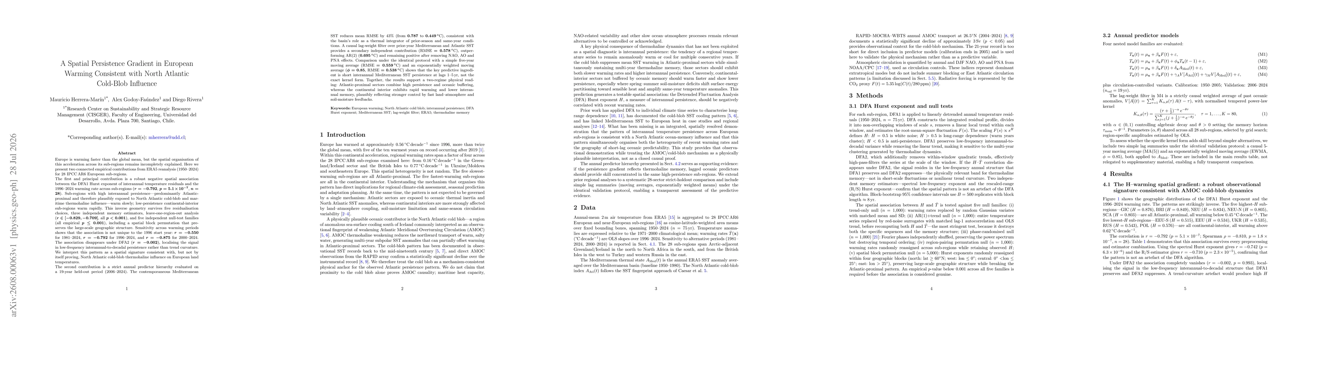 Thumbnail for A Spatial Persistence Gradient in European Warming Consistent with North Atlantic Cold-Blob Influence