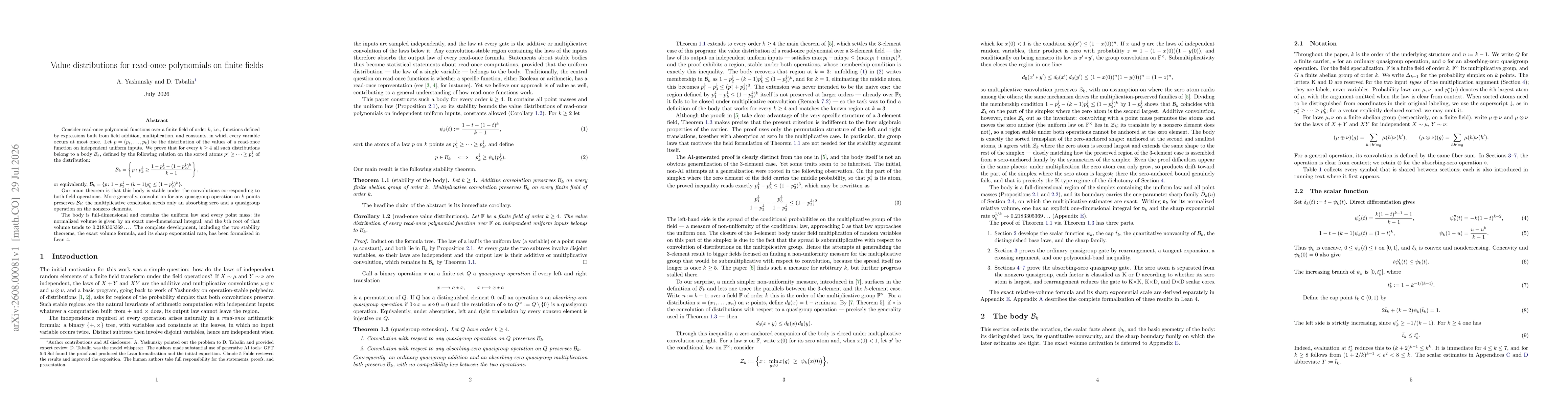 Thumbnail for Value distributions for read-once polynomials on finite fields