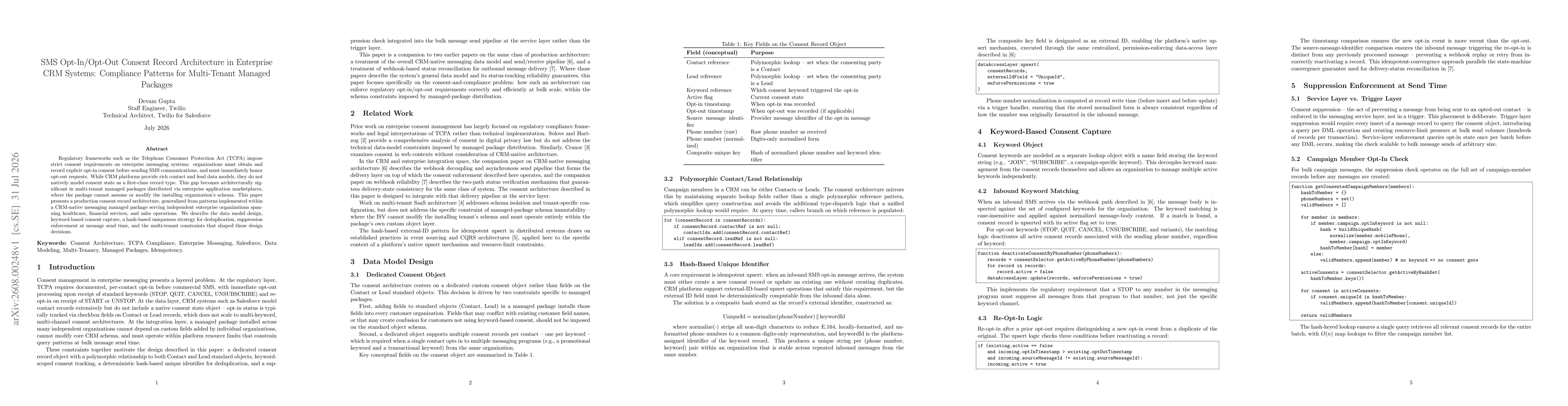 Thumbnail for SMS Opt-In/Opt-Out Consent Record Architecture in Enterprise CRM Systems: Compliance Patterns for Multi-Tenant Managed Packages