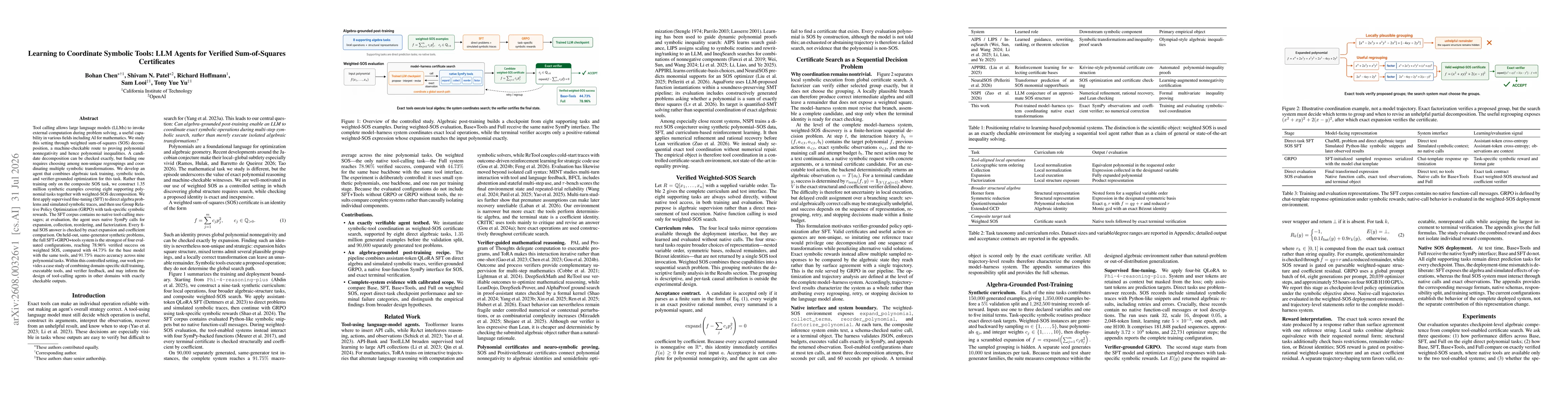 Thumbnail for Learning to Coordinate Symbolic Tools: LLM Agents for Verified Sum-of-Squares Certificates