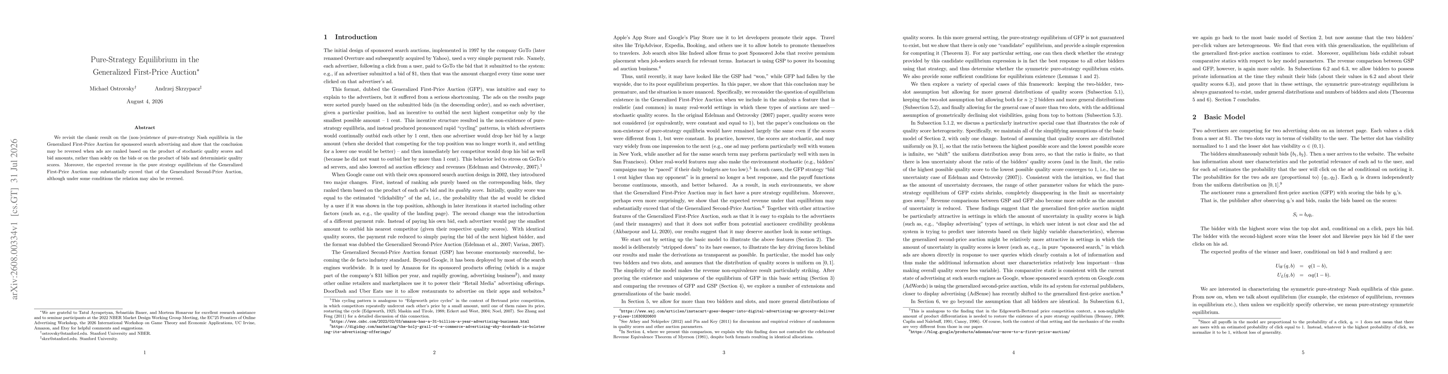 Thumbnail for Pure-Strategy Equilibrium in the Generalized First-Price Auction