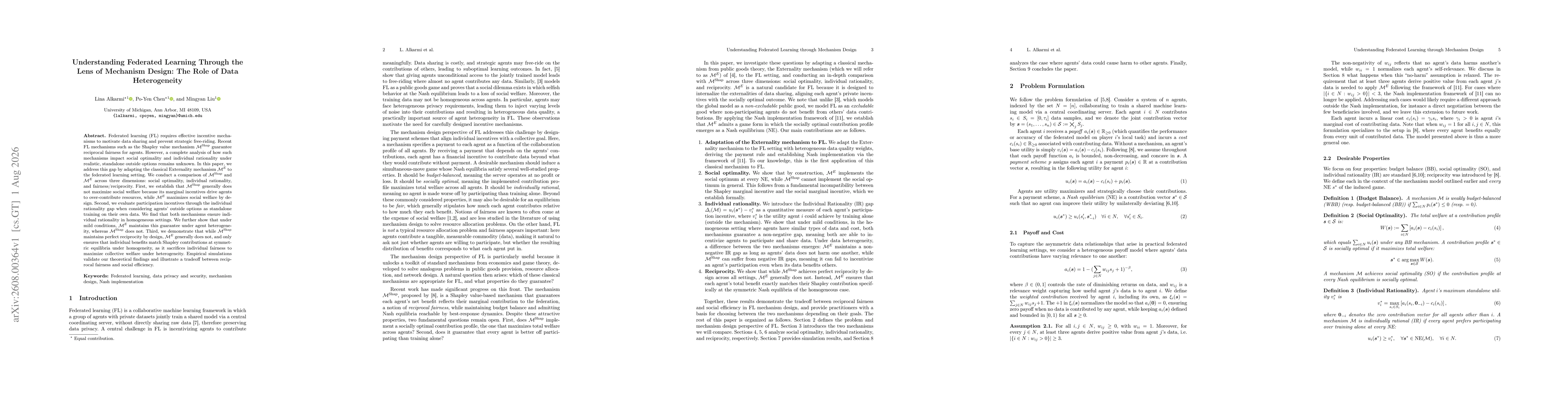 Thumbnail for Understanding Federated Learning Through the Lens of Mechanism Design: The Role of Data Heterogeneity