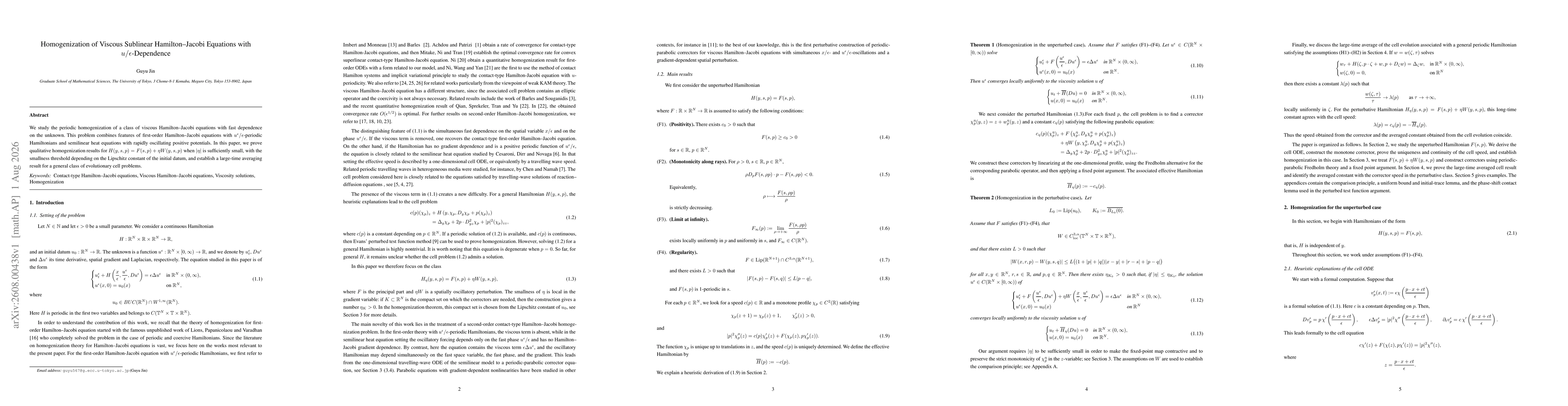 Thumbnail for Homogenization of Viscous Sublinear Hamilton--Jacobi Equations with $u/ε$-Dependence
