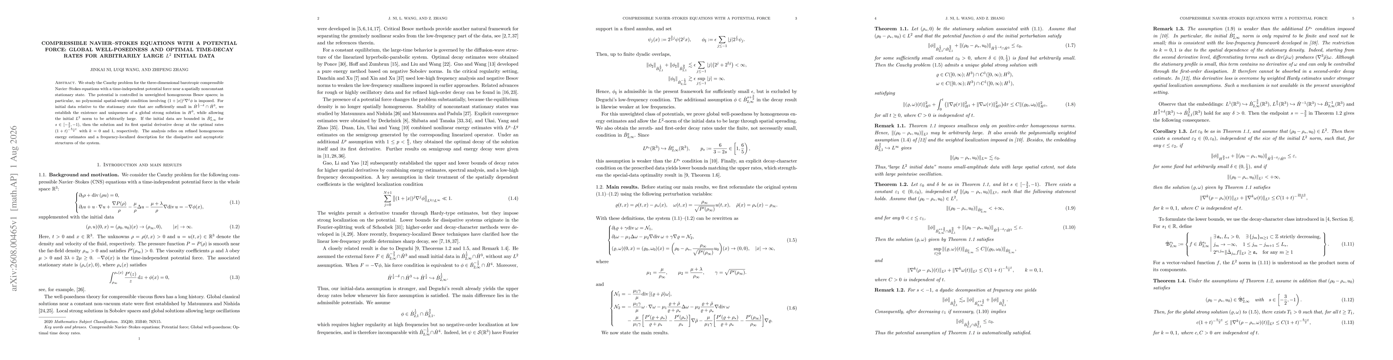 Thumbnail for Compressible Navier--Stokes equations with a potential force: global well-posedness and optimal time-decay rates for arbitrarily large $L^2$ initial data