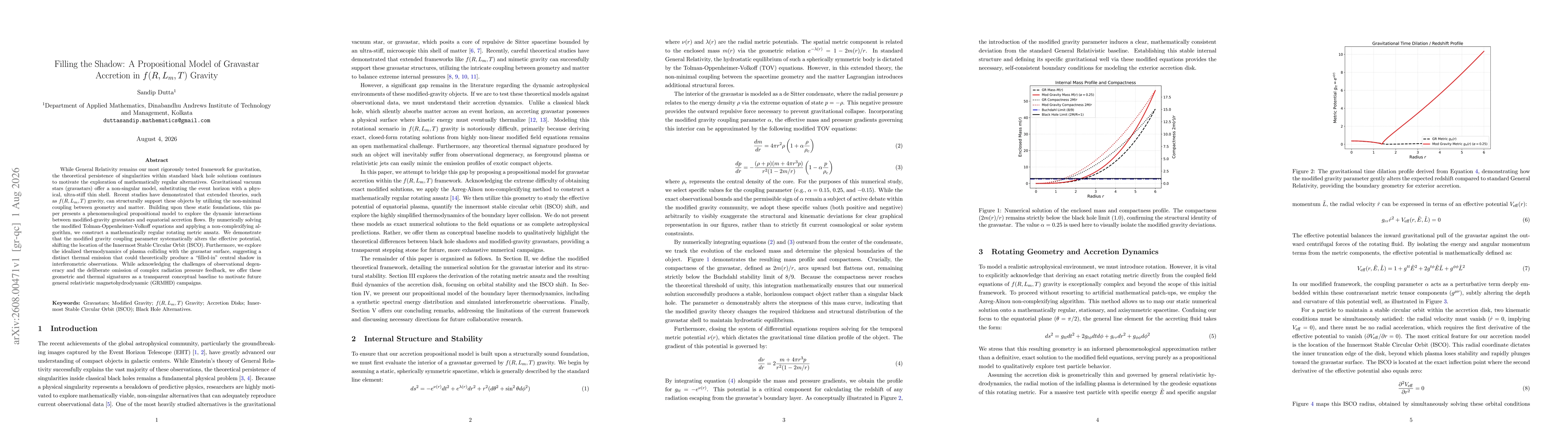 Thumbnail for Filling the Shadow: A Propositional Model of Gravastar Accretion in $f(R, L_m, T)$ Gravity