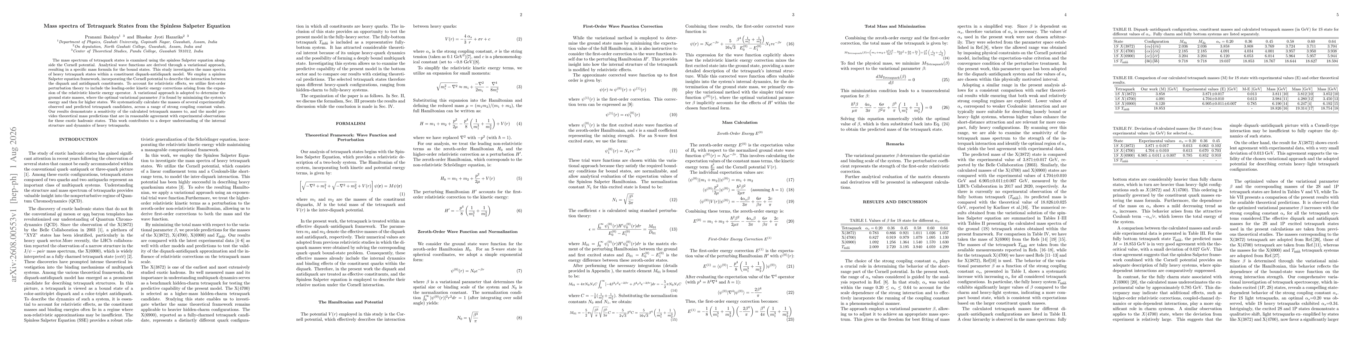 Thumbnail for Mass spectra of Tetraquark States from the Spinless Salpeter Equation