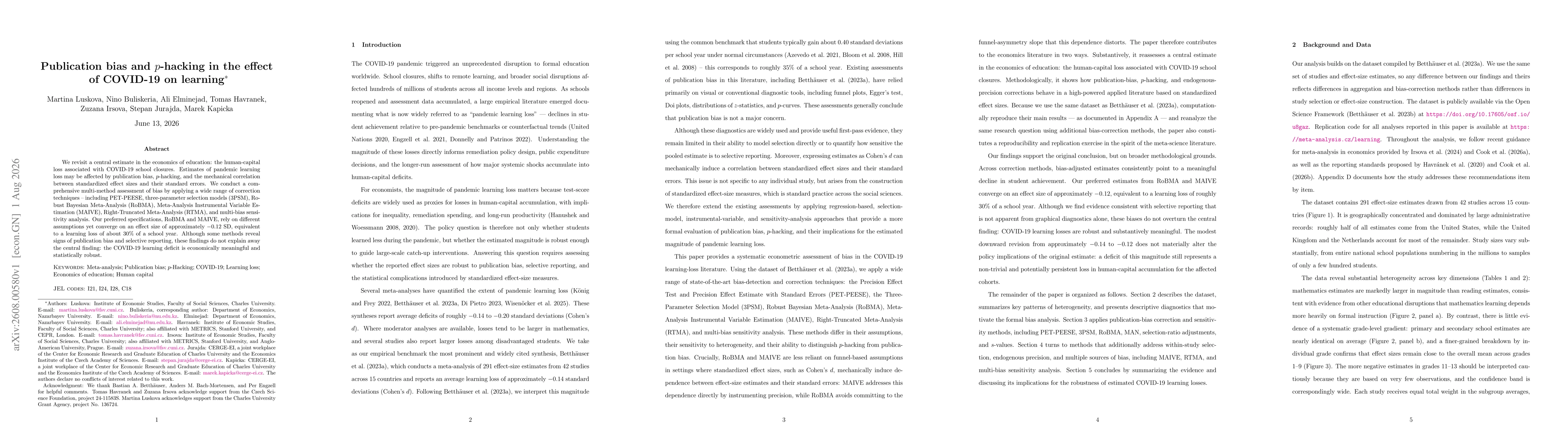 Thumbnail for Publication bias and p-hacking in the effect of COVID-19 on learning