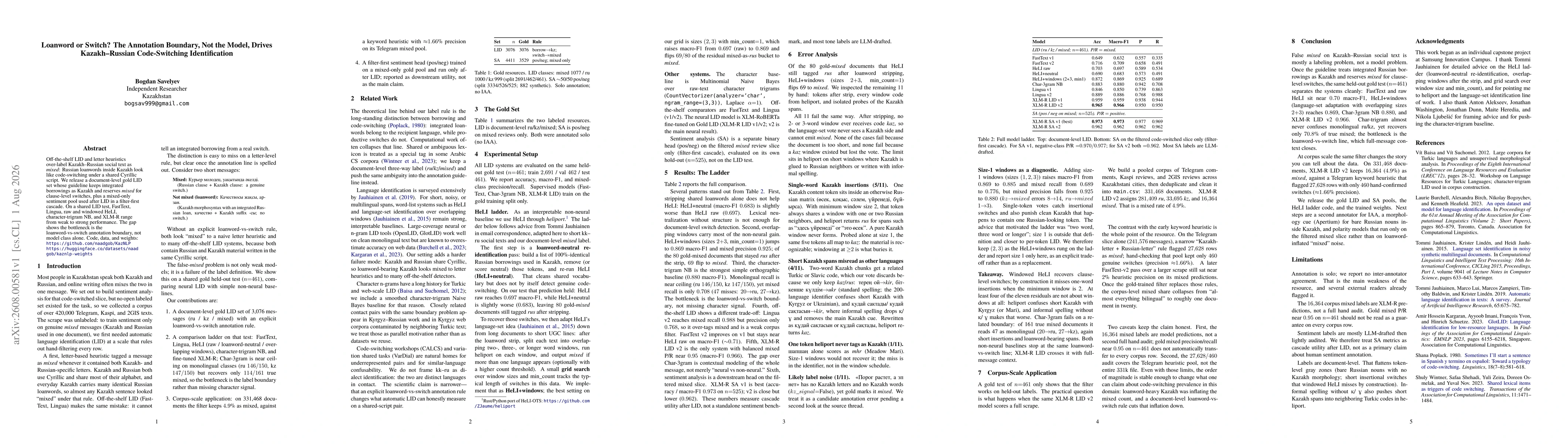 Thumbnail for Loanword or Switch? The Annotation Boundary, Not the Model, Drives Kazakh-Russian Code-Switching Identification