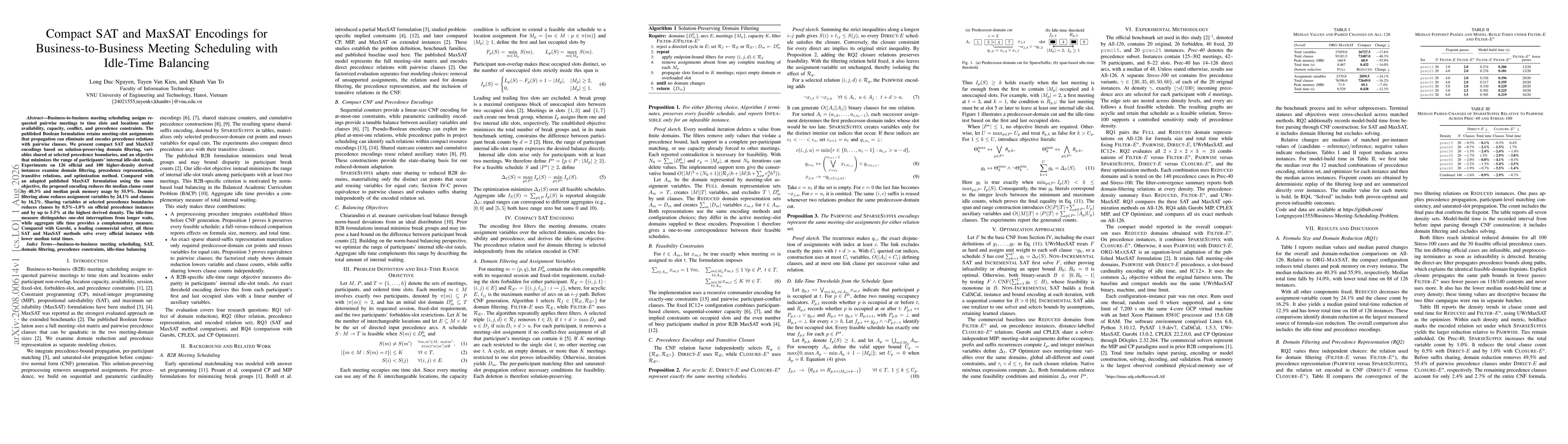 Thumbnail for Compact SAT and MaxSAT Encodings for Business-to-Business Meeting Scheduling with Idle-Time Balancing