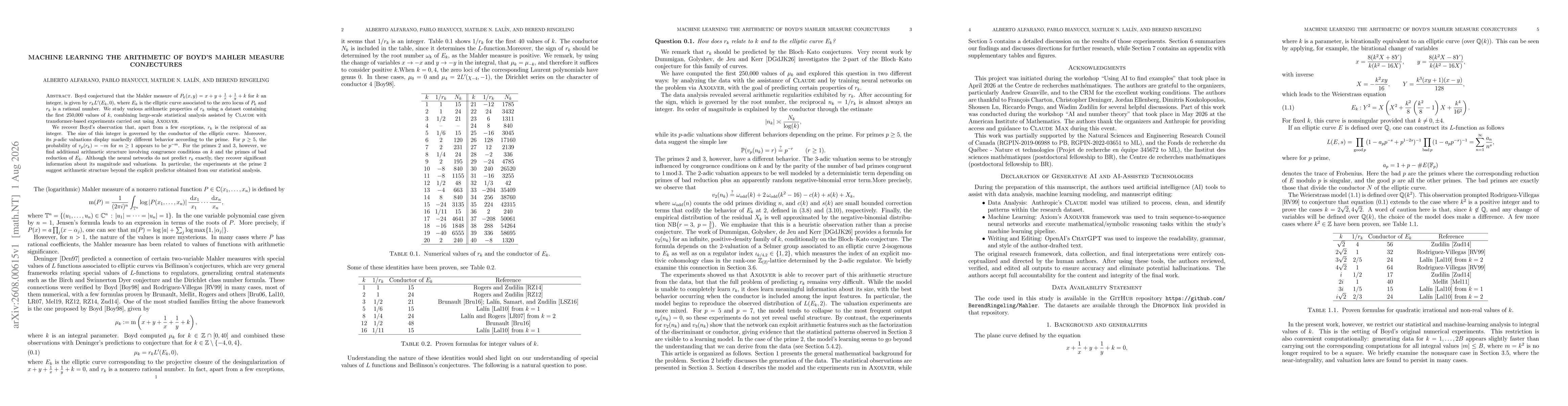 Thumbnail for Machine learning the arithmetic of Boyd's Mahler measure conjectures