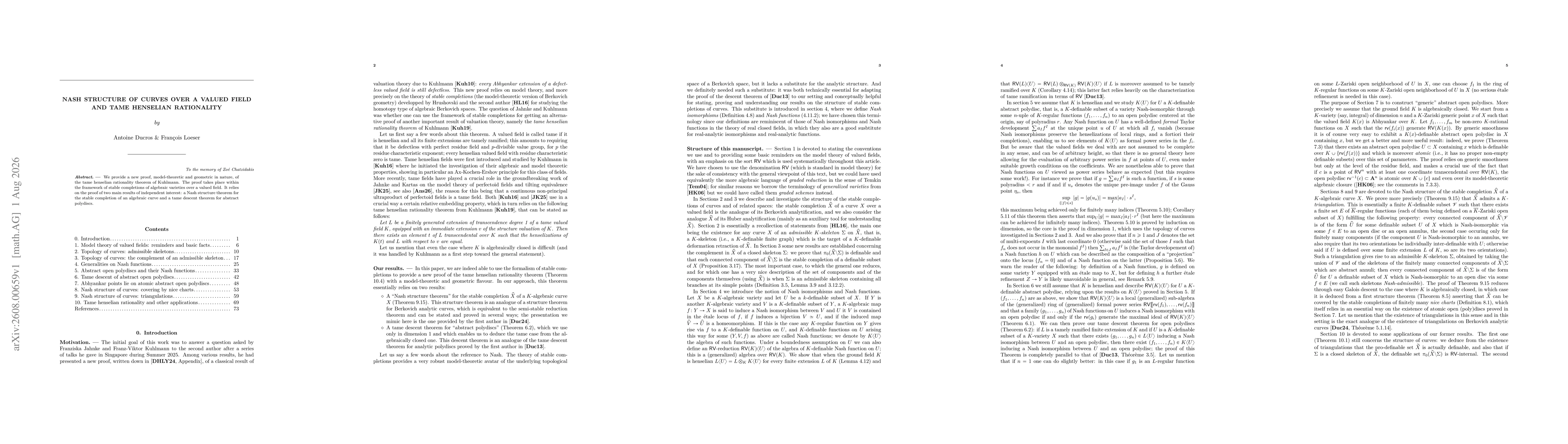 Thumbnail for Nash structure of curves over a valued field and tame henselian rationality