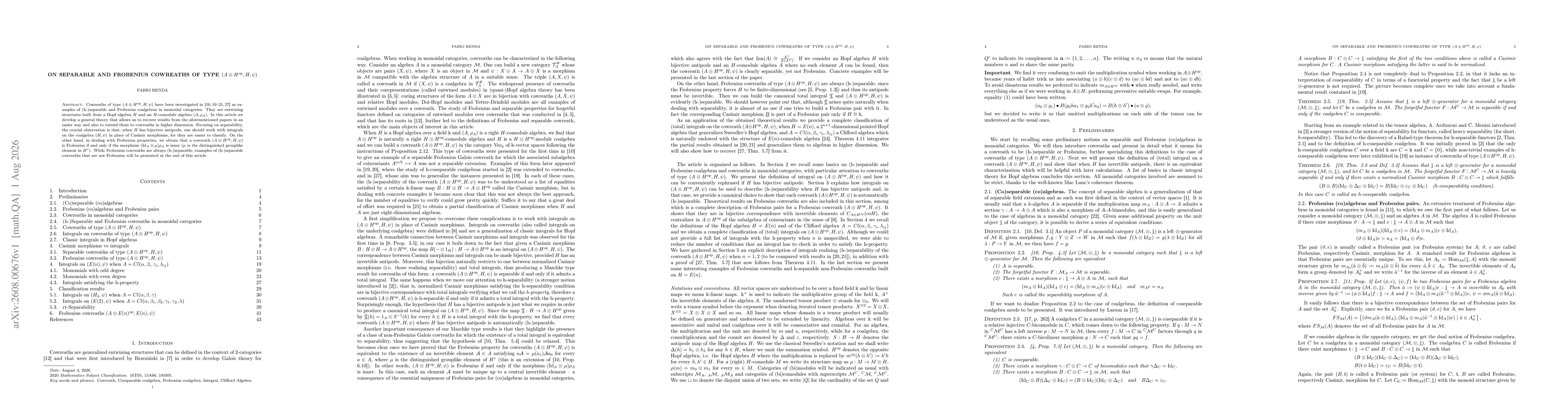 Thumbnail for On Separable and Frobenius Cowreaths of type $(A \otimes H^{\mathrm{op}}, H,ψ)$