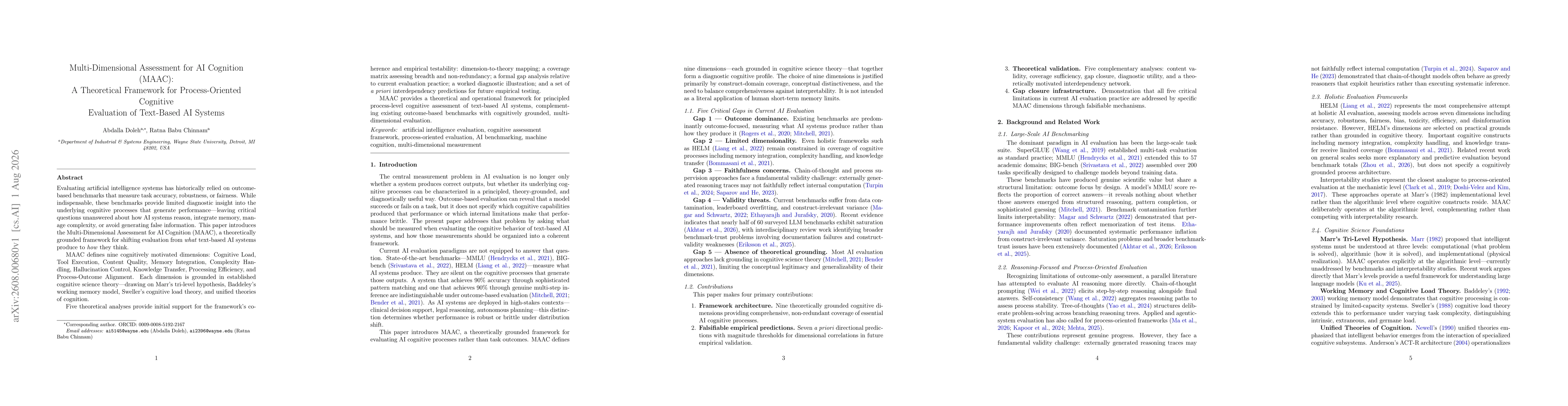 Thumbnail for Multi-Dimensional Assessment for AI Cognition (MAAC): A Theoretical Framework for Process-Oriented Cognitive Evaluation of Text-Based AI Systems