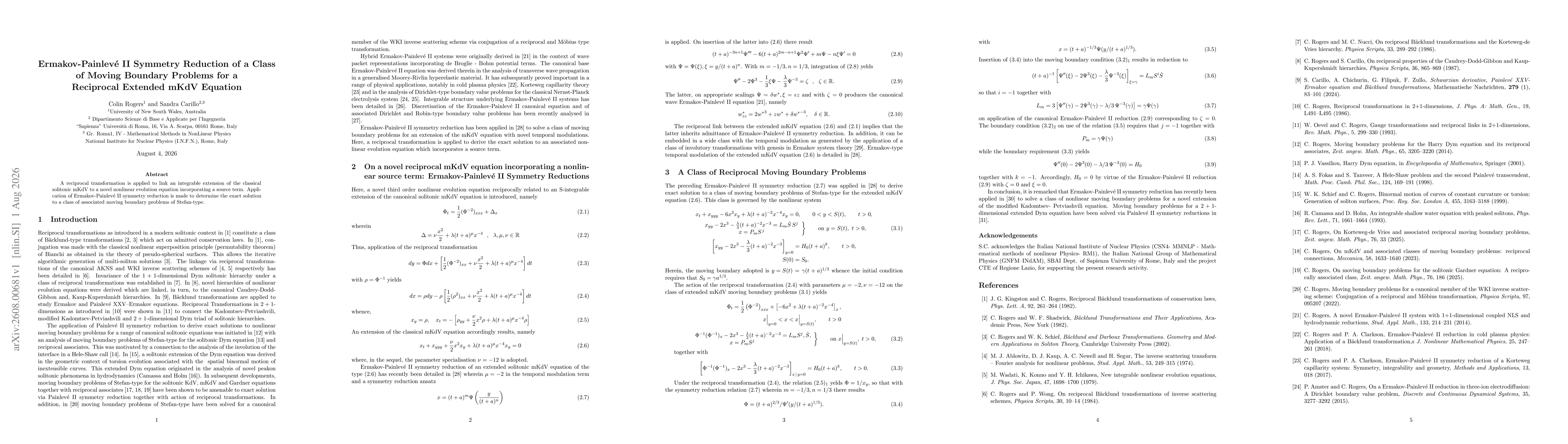 Thumbnail for Ermakov-Painleve' II Symmetry Reduction of a Class of Moving Boundary Problems for a Reciprocal Extended mKdV Equation