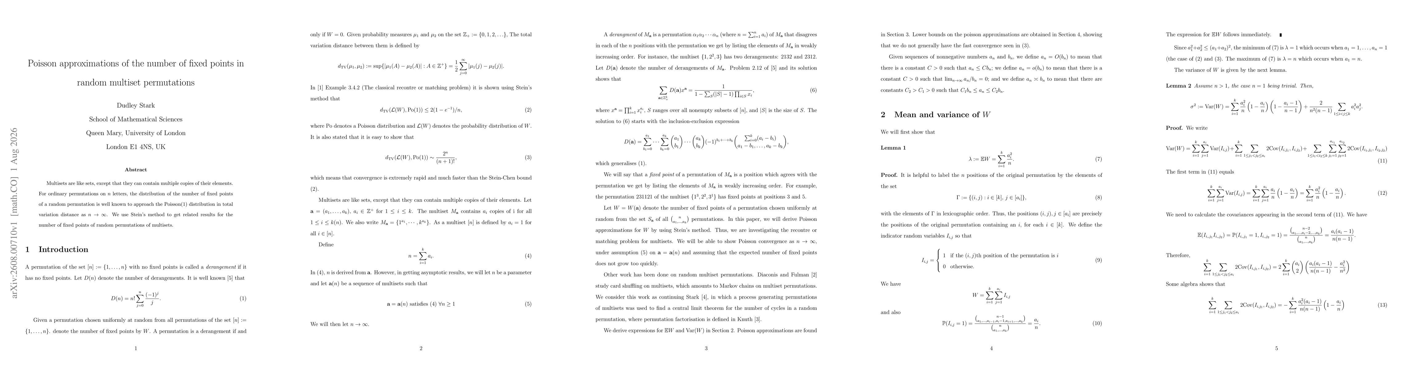 Thumbnail for Poisson approximations of the number of fixed points in random multiset permutations