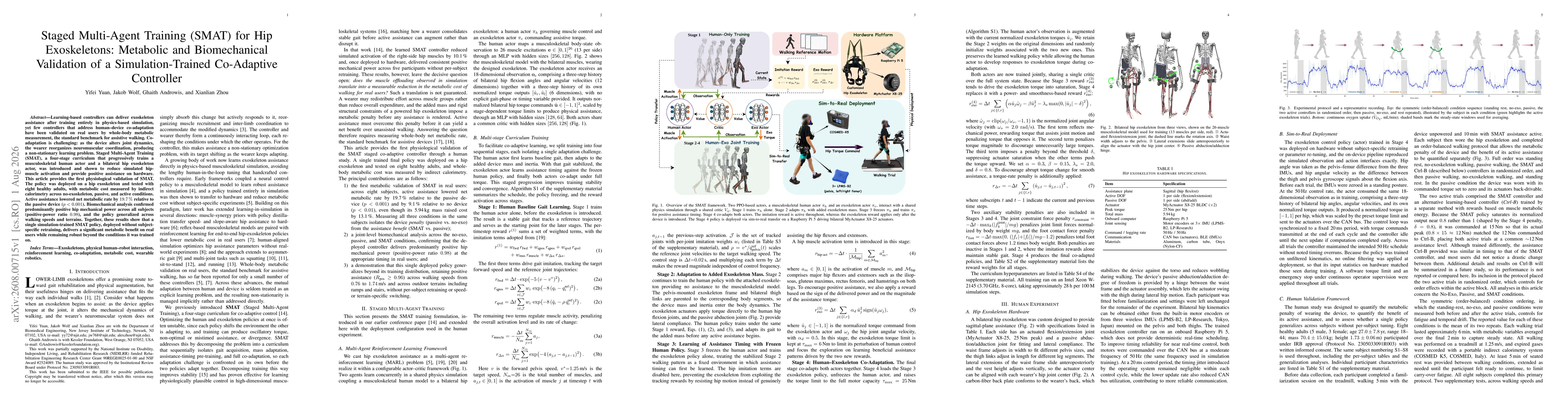 Thumbnail for Staged Multi-Agent Training (SMAT) for Hip Exoskeletons: Metabolic and Biomechanical Validation of a Simulation-Trained Co-Adaptive Controller
