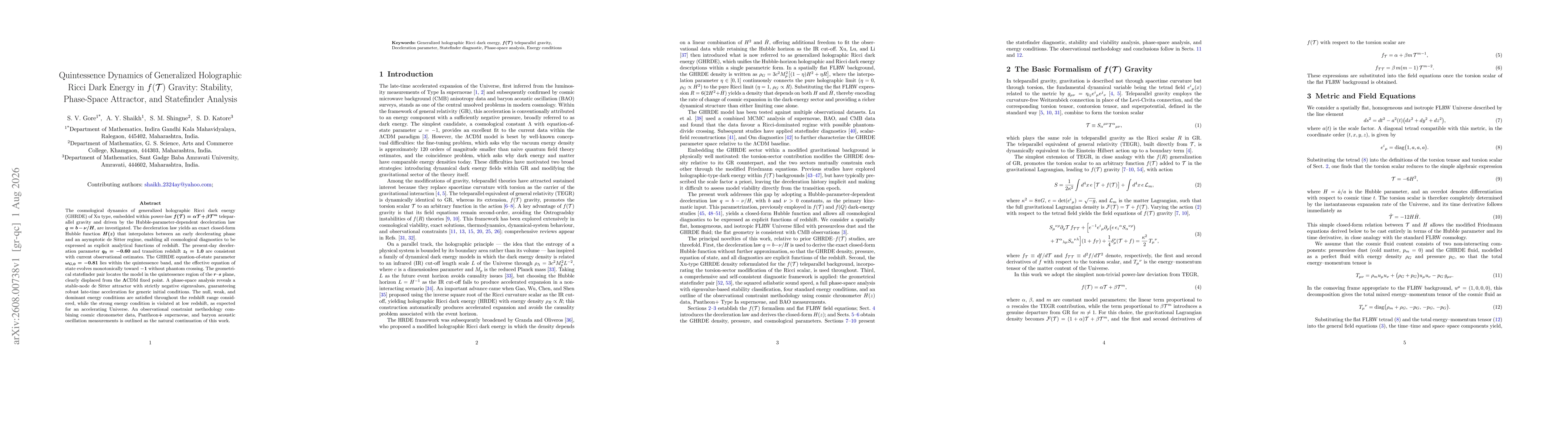 Thumbnail for Quintessence Dynamics of Generalized Holographic Ricci Dark Energy in $f(\mathcal{T})$ Gravity: Stability, Phase-Space Attractor, and Statefinder Analysis