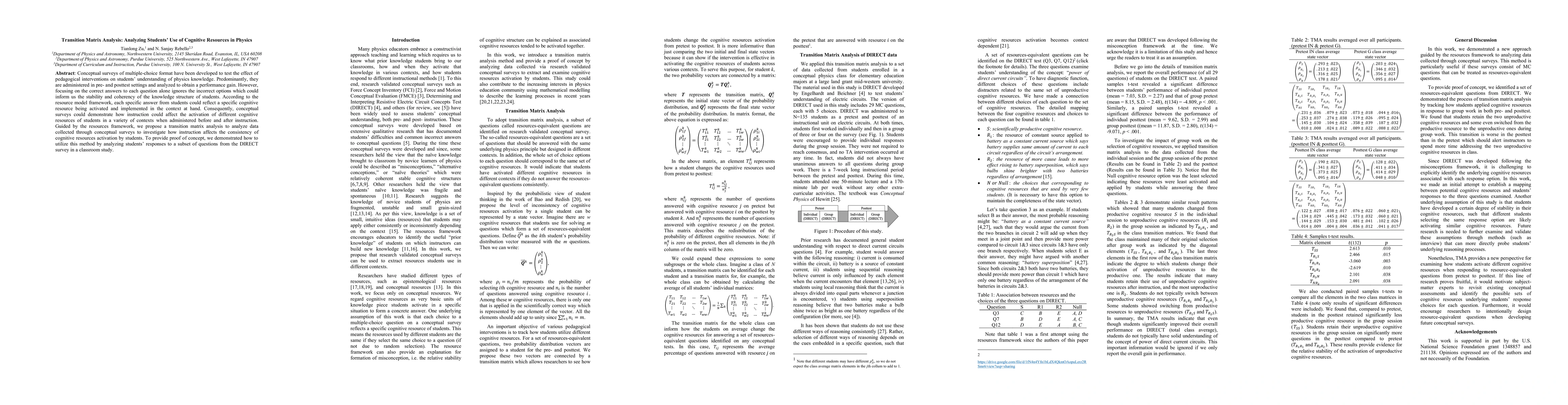Thumbnail for Transition Matrix Analysis Analyzing Students Use of Cognitive Resources in Physics