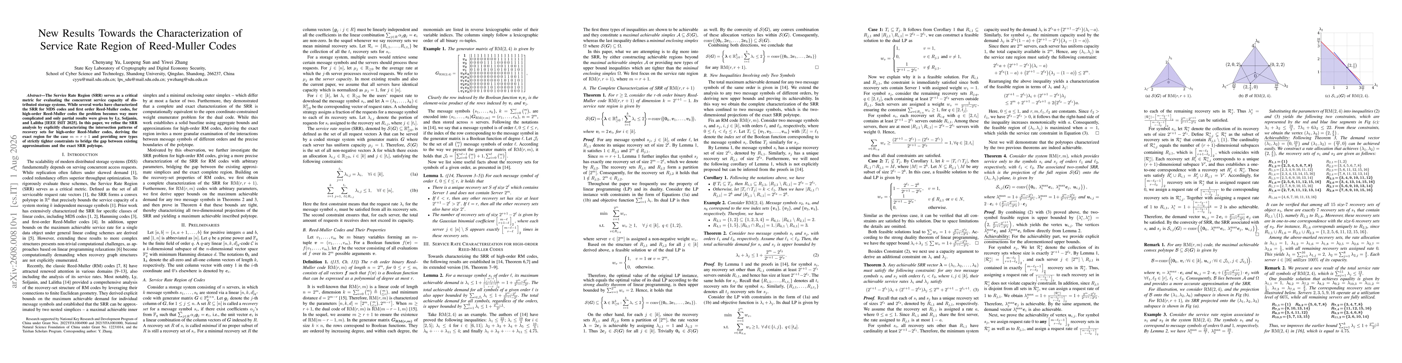Thumbnail for New Results Towards the Characterization of Service Rate Region of Reed-Muller Codes