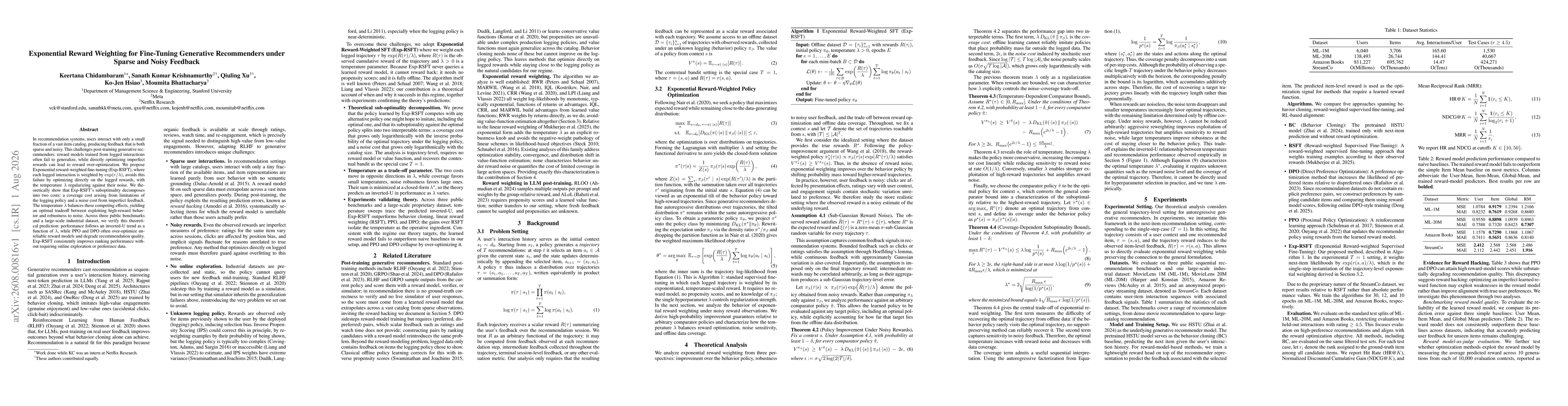 Thumbnail for Exponential Reward Weighting for Fine-Tuning Generative Recommenders under Sparse and Noisy Feedback