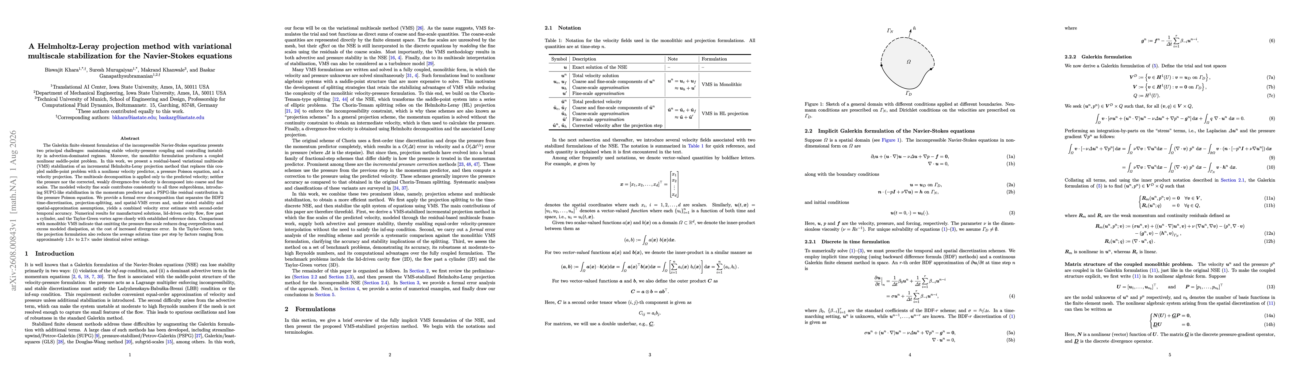 Thumbnail for A Helmholtz-Leray projection method with variational multiscale stabilization for the Navier-Stokes equations