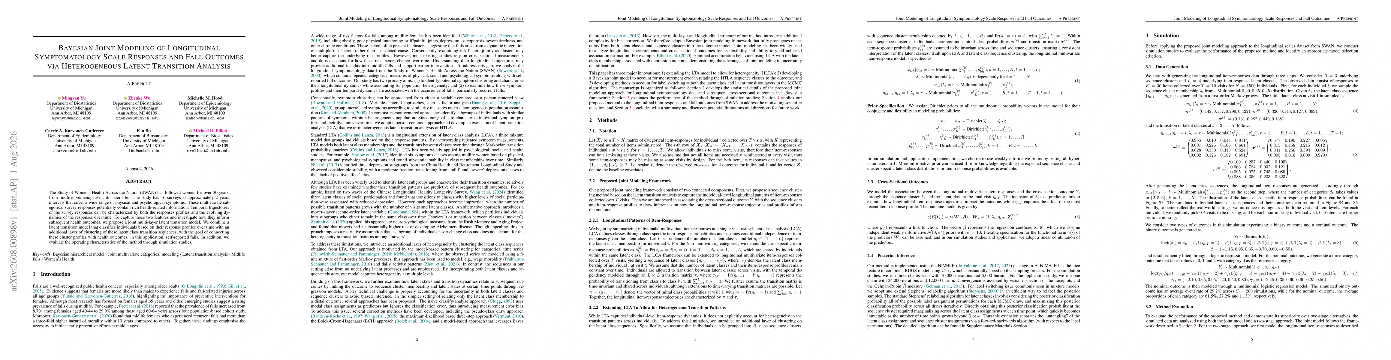 Thumbnail for Bayesian Joint Modeling of Longitudinal Symptomatology Scale Responses and Fall Outcomes via Heterogeneous Latent Transition Analysis